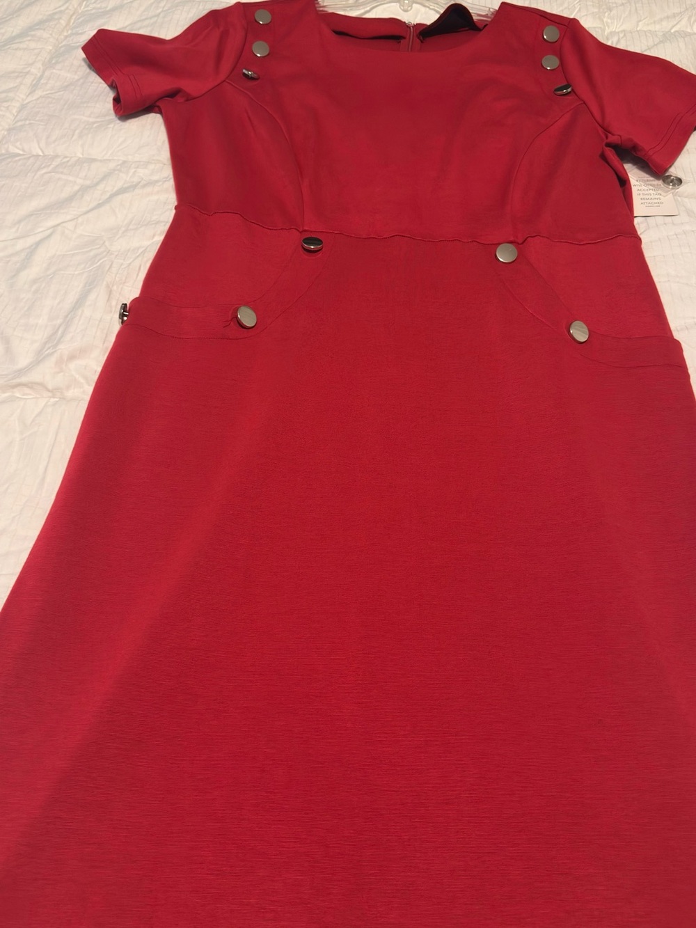 Red Short-Sleeve Dress with Button Detail